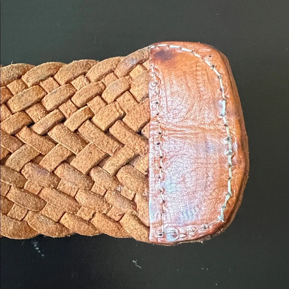 Vintage BOHO Moroccan Genuine Brown Leather Basket Weave Belt with Brass Buckle - Picture 7 of 13